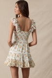 PALE PLAID FLORAL WING SLEEVE LACE MINI DRESS