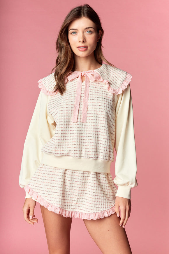 Pink Ruffle Collar Bow-tied Waffle/terry Set