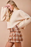 Textured Plaid Mini Skort W/ Oversized Belt & Buckle Detail